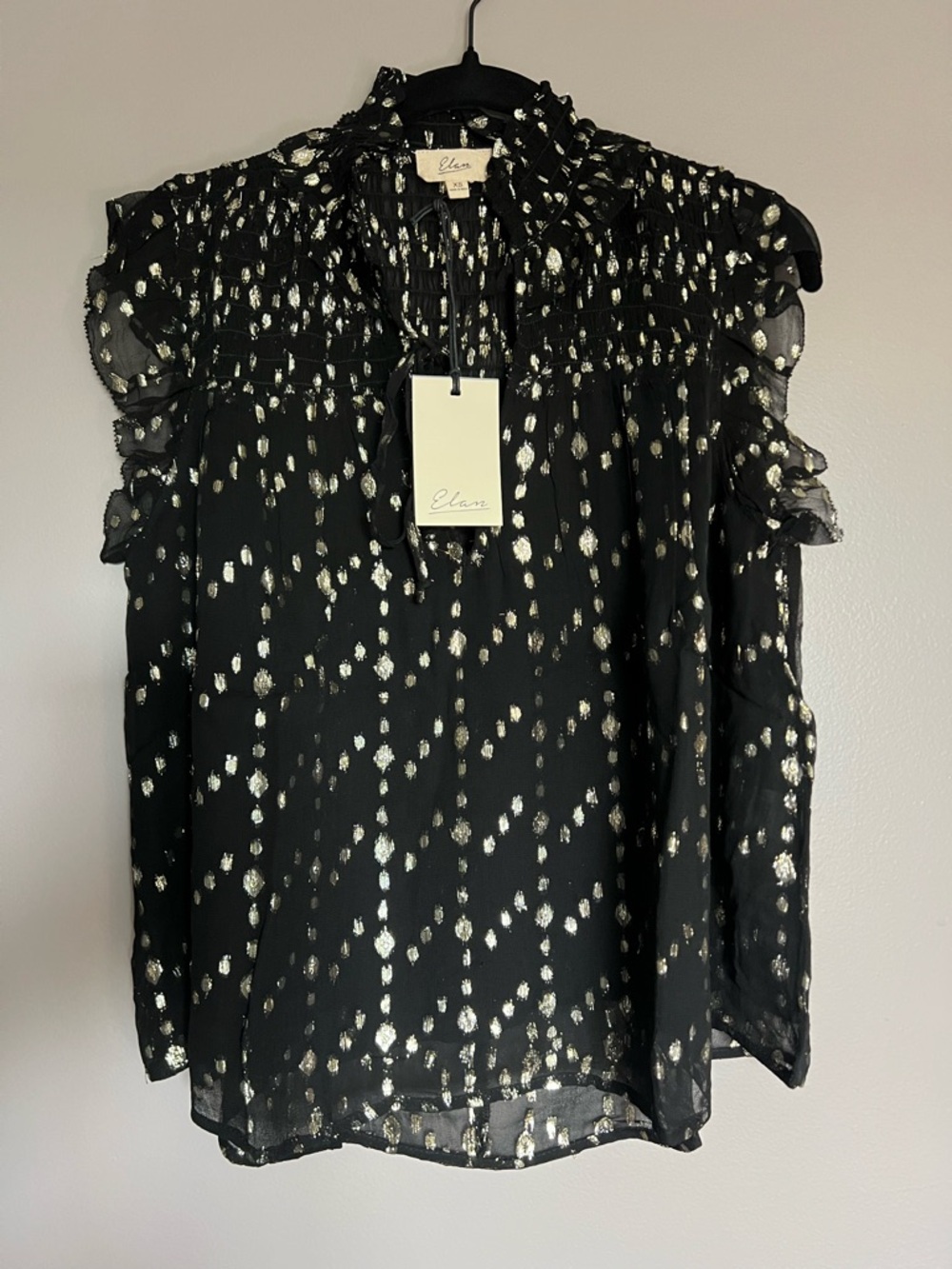Elan Black Blouse with Metallic Gold Dot Detail